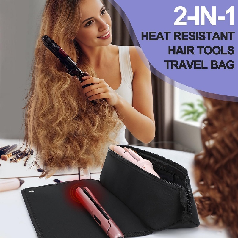 Custom neoprene 2 in 1 travel essential hair dryer tool bag with heat resistant mat for flat iron hair straightener curling iron