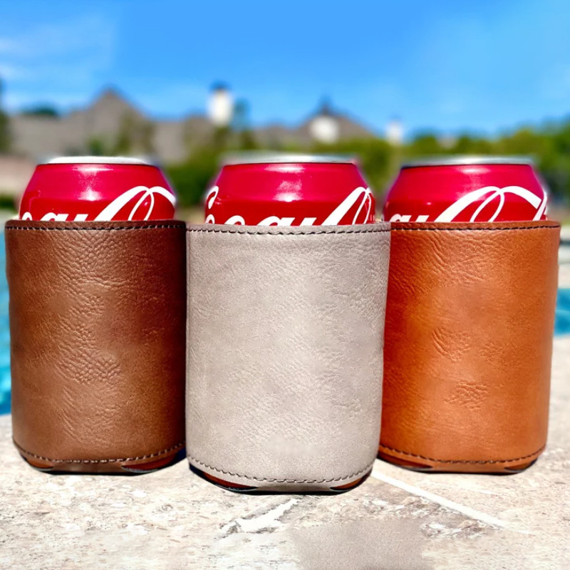 Custom logo high quality pu leather stubby holder beer beverage can cooler drink sleeve coozies for cans