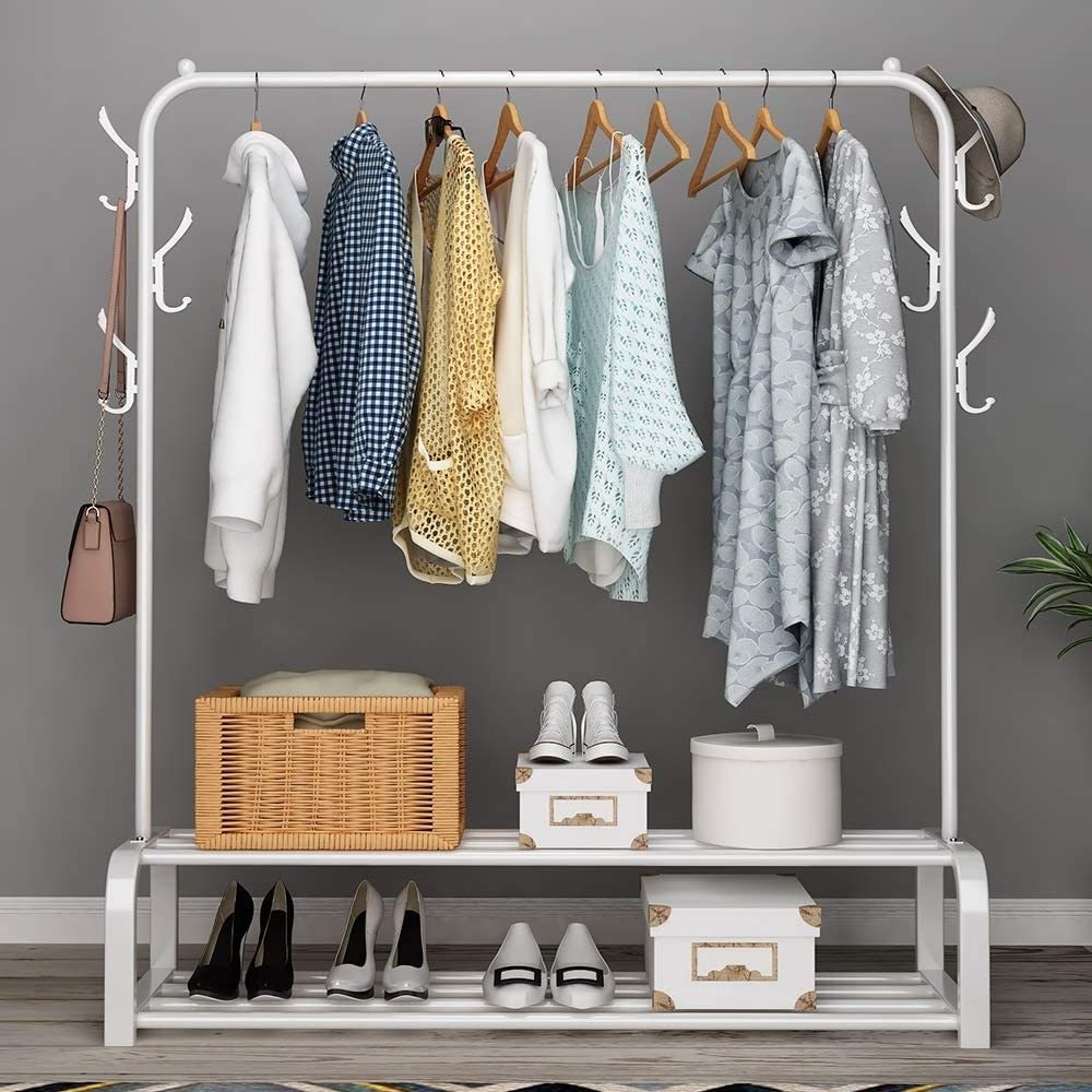 Wholesale free Standing Clothes Hanging Rail With 2 Tier Shoe Rack Shelves And Hooks