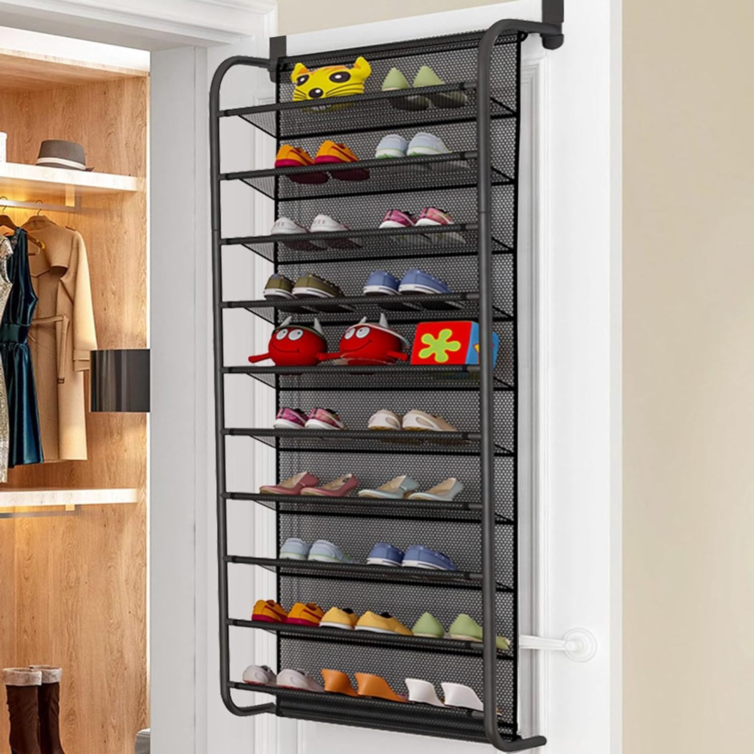 10-Tier Modern Over-The-Door Shoe Organizer with Metal Hooks PP Rack Wall Shoe Shelf for Living Room & Closet Hanging Storage