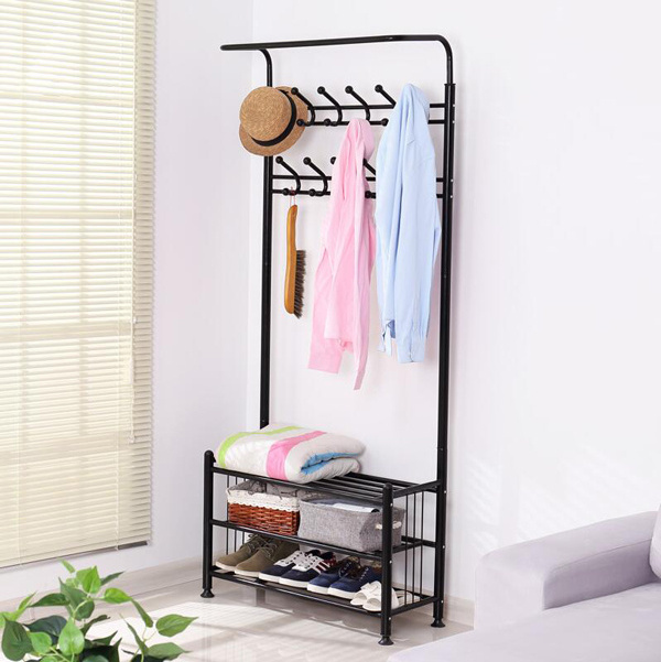 Metallic Coat Rack Organiser For Entrance With Shoe Rack Storage With 18 Hangers Black