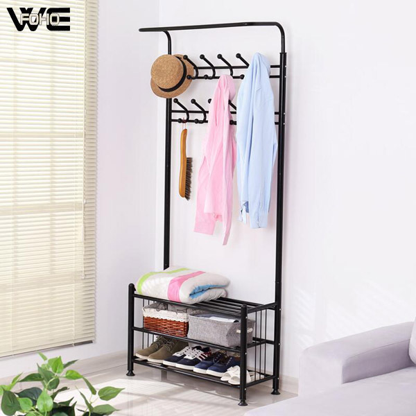 Multifunctional white metal coat rack with low shelves metal clothes hanger