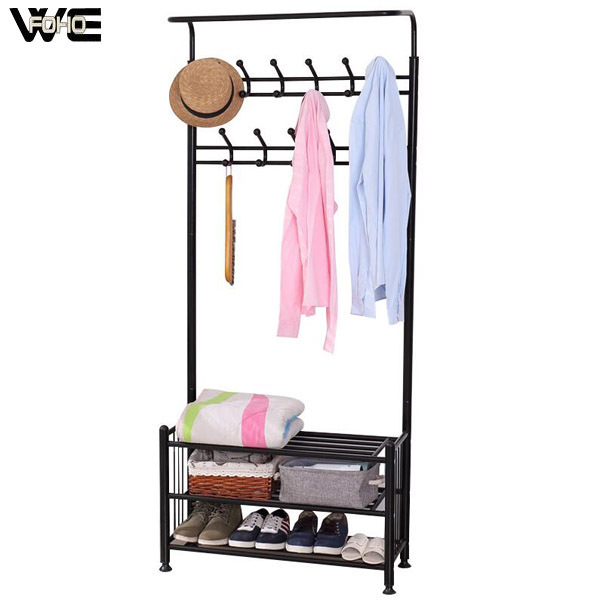 Multifunctional white metal coat rack with low shelves metal clothes hanger