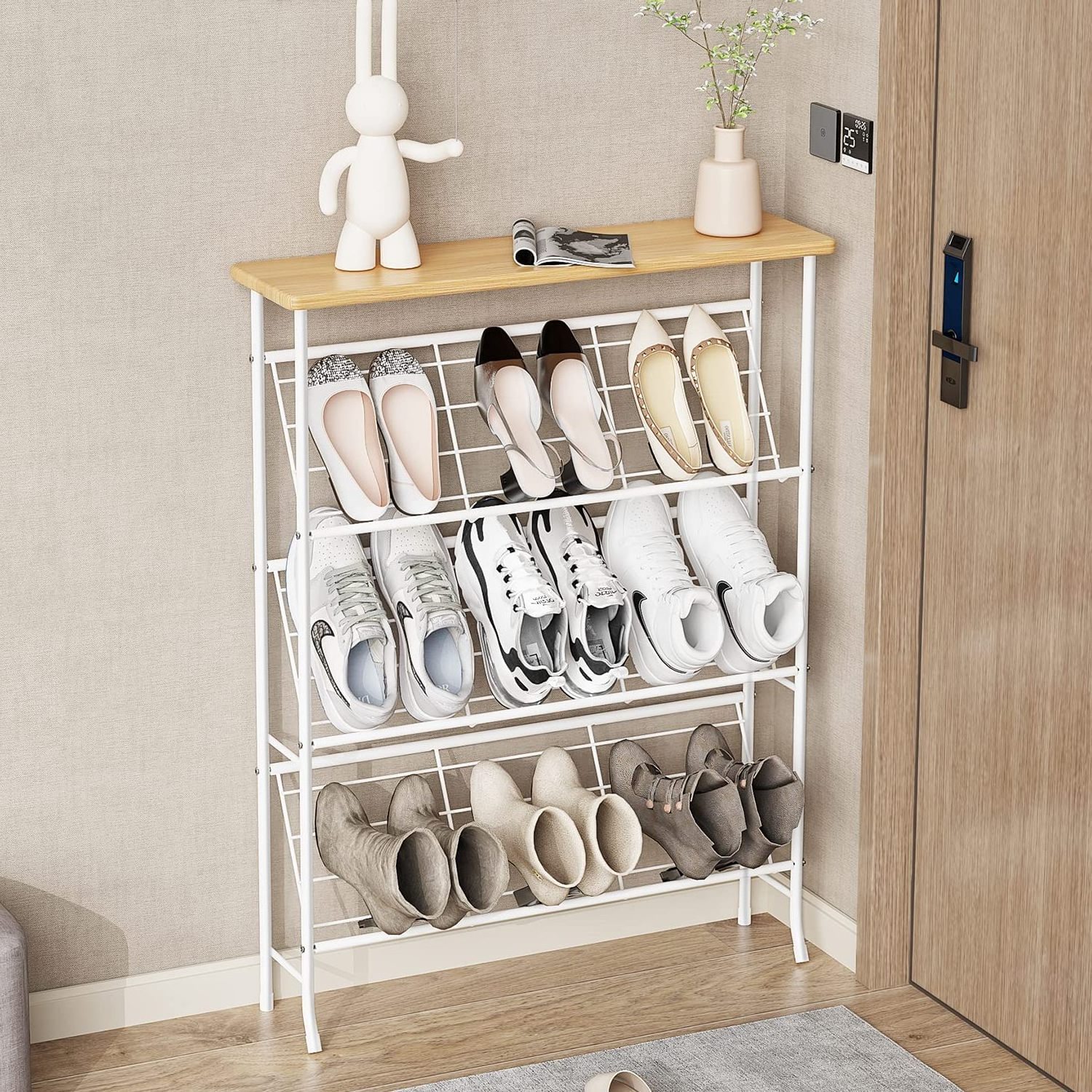 Metal Shoe Rack 4 Layer 12-16 pairs Space Saver Shoes Rack Wood Cabinet For Home