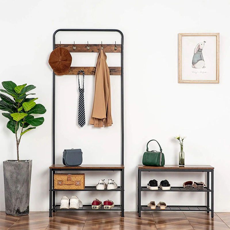 Multifunctional Use Shoes And Bag Shelf Rack Unique Coat Rack With Shoe Rack Double Hooks