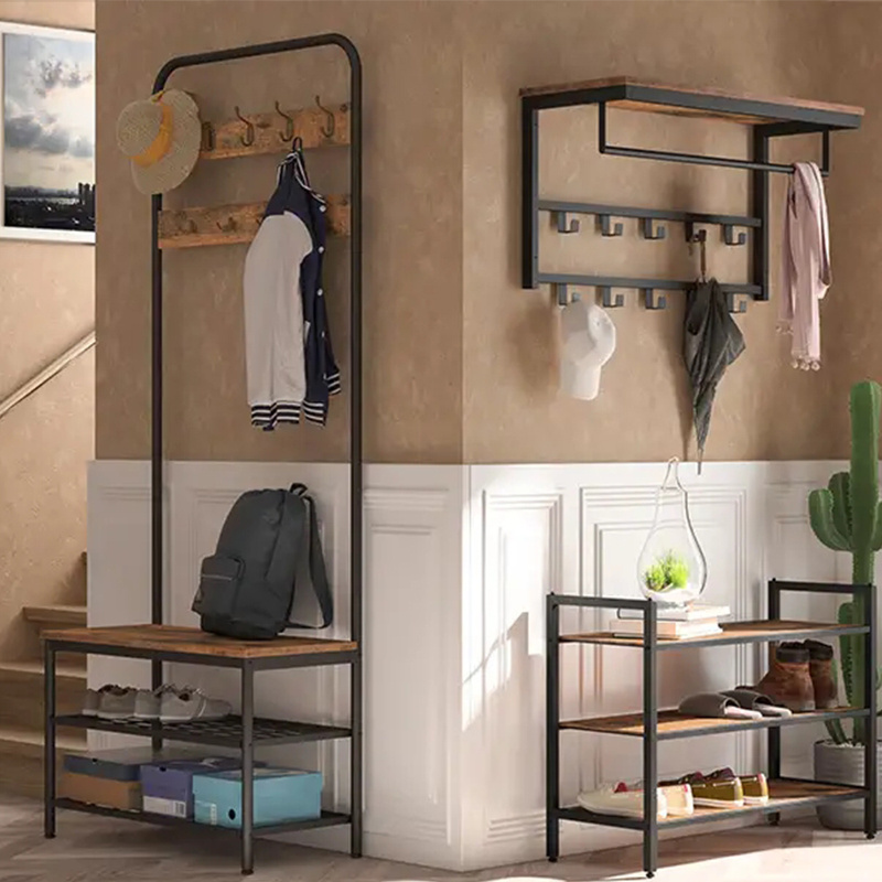 Multifunctional Use Shoes And Bag Shelf Rack Unique Coat Rack With Shoe Rack Double Hooks