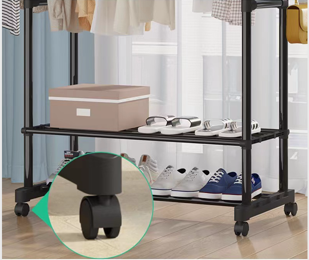 Double Rod Adjustable Metal Clothes Hanger Stand Storage Shelf  With 2-layer Shoe Rack and Four Universal Wheels