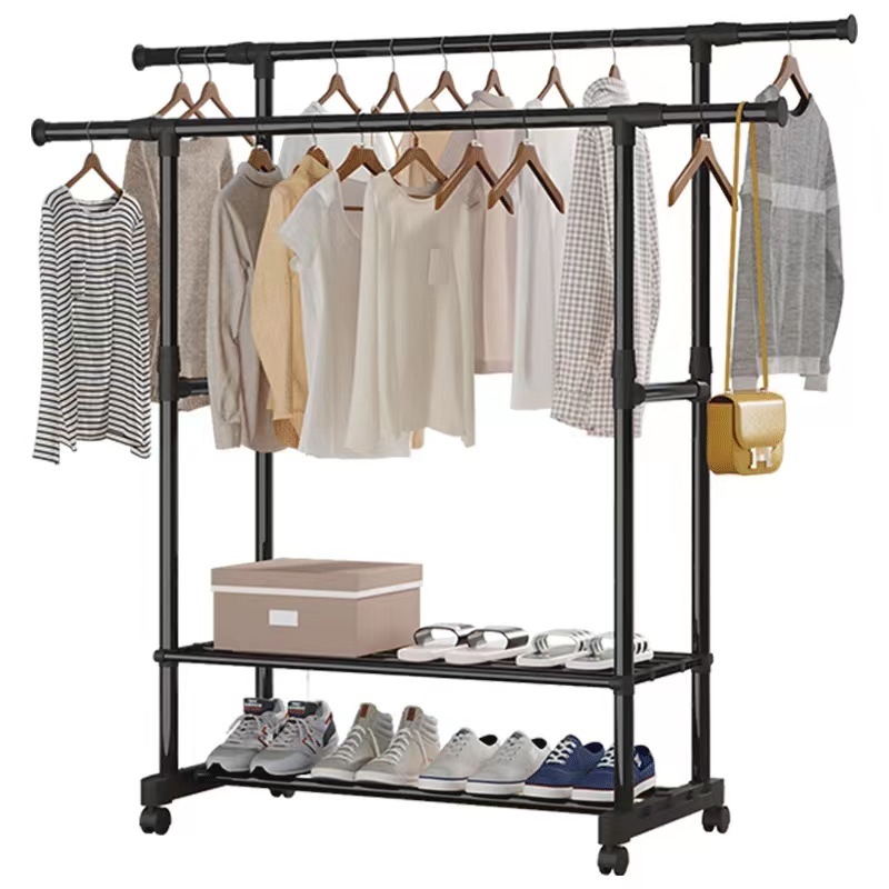 Double Rod Adjustable Metal Clothes Hanger Stand Storage Shelf  With 2-layer Shoe Rack and Four Universal Wheels