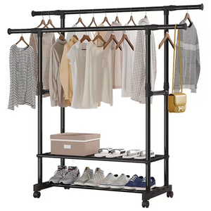 Double Rod Adjustable Metal Clothes Hanger Stand Storage Shelf  With 2-layer Shoe Rack and Four Universal Wheels