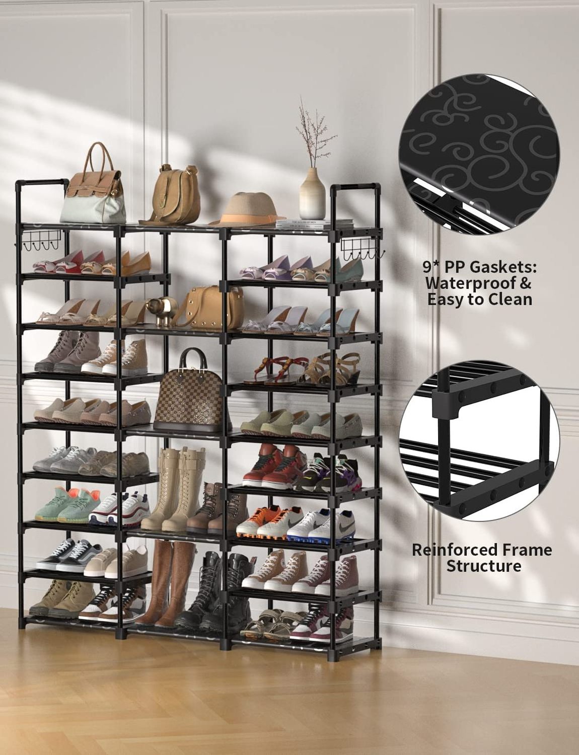 Adjustable Shoe Racks Black 9 Tier Space Saver Plastic Shoes Storage Rack Organizer