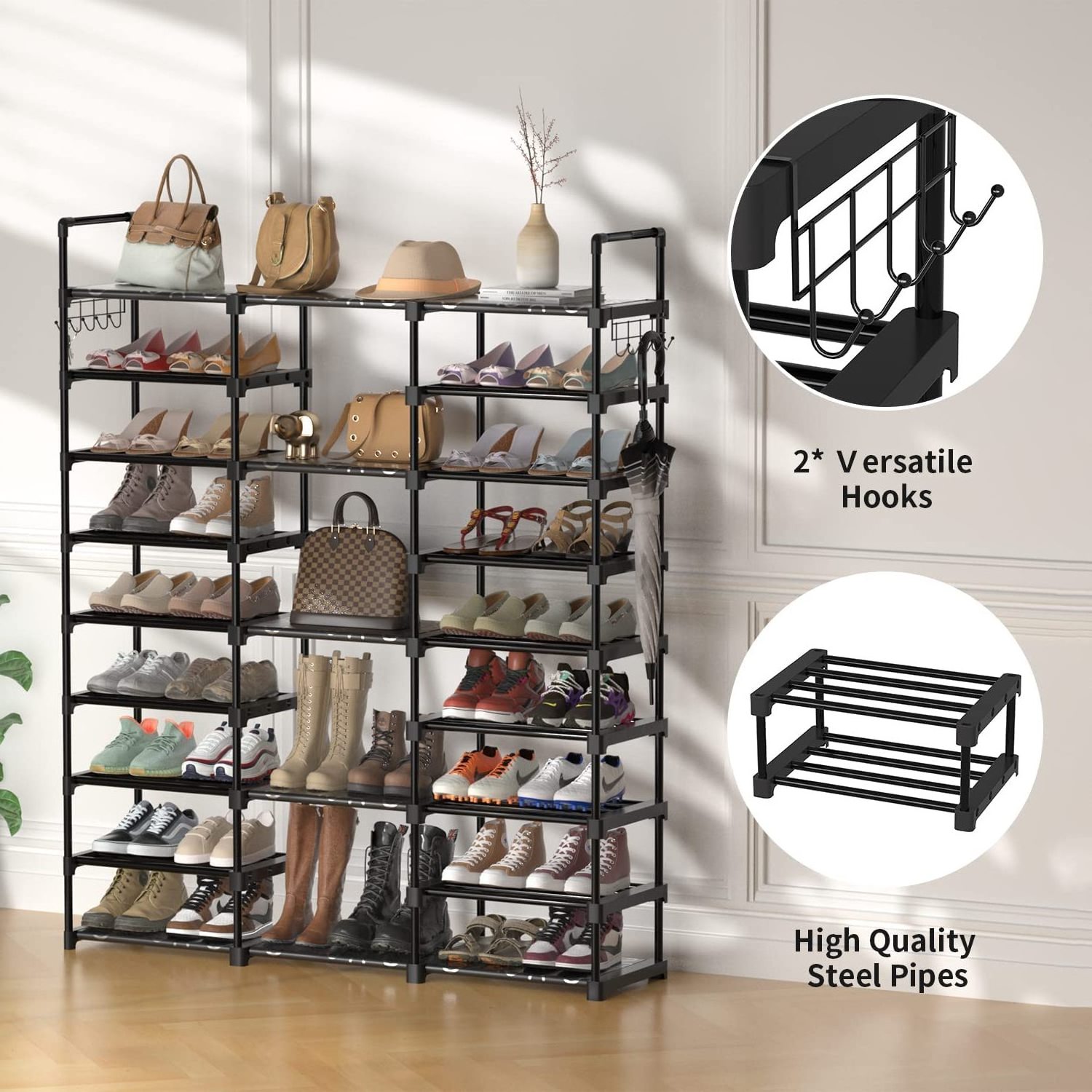 Adjustable Shoe Racks Black 9 Tier Space Saver Plastic Shoes Storage Rack Organizer