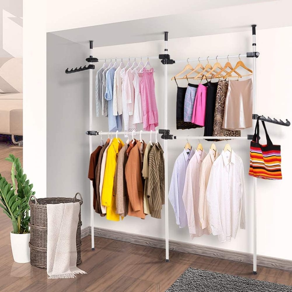 Modern Double-Deck Retractable Metal Coat Rack Factory Direct Sales Folding Stand Clothes Hanger Living Room Foldable Coat