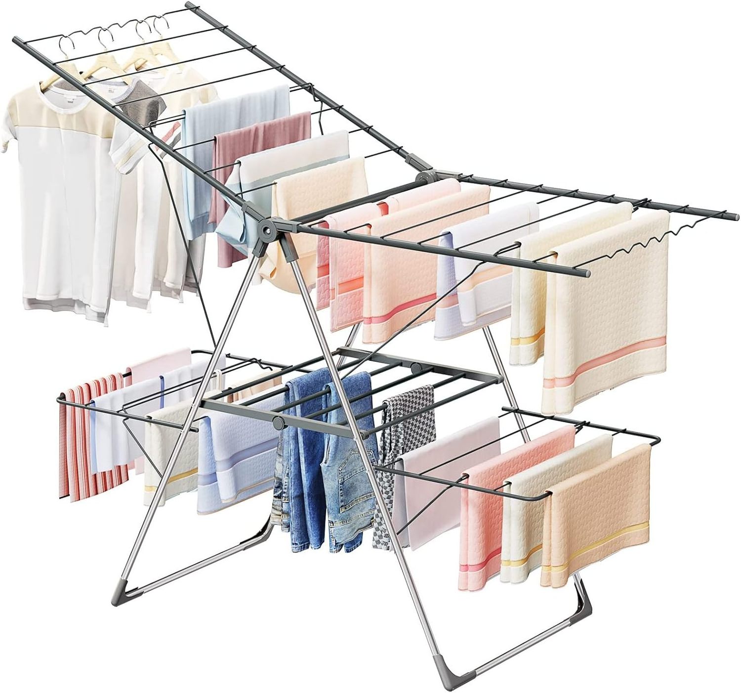 Folding 2-Layer Laundry Drying Rack Stainless Steel Freestanding Large Drying Rack