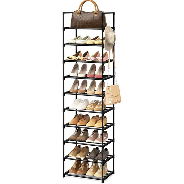 Shoe Rack 10 Tiers Tall Shoe Rack for Shoes & Boots Organizer Storage Shelf Durable Black Metal with Hooks