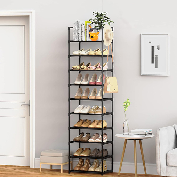 Shoe Rack 10 Tiers Tall Shoe Rack for Shoes & Boots Organizer Storage Shelf Durable Black Metal with Hooks