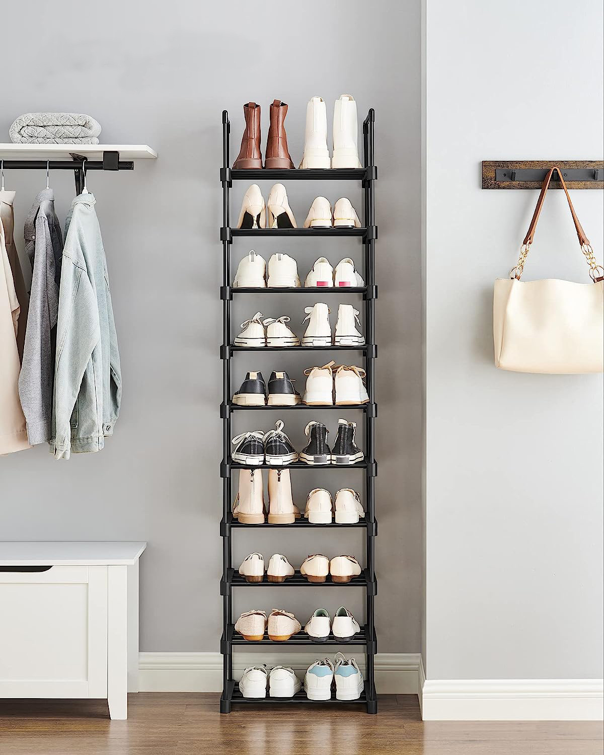 10 Tier Black Metal and PP Shoe Rack Organizer Easy-to-Assemble Entryway Storage Shelf for 20 Pairs of Shoes for Living Room