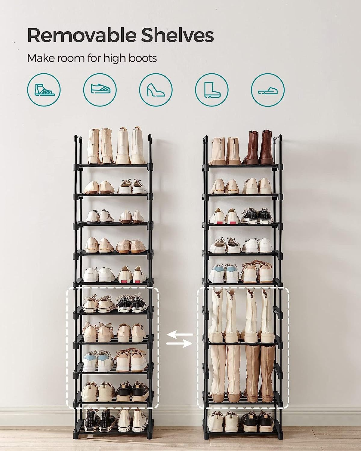 10 Tier Black Metal and PP Shoe Rack Organizer Easy-to-Assemble Entryway Storage Shelf for 20 Pairs of Shoes for Living Room