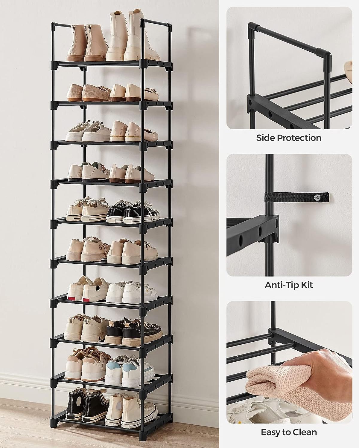 10 Tier Black Metal and PP Shoe Rack Organizer Easy-to-Assemble Entryway Storage Shelf for 20 Pairs of Shoes for Living Room