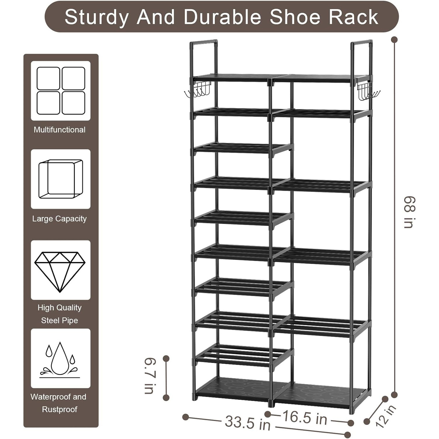 2 Row 10 Tier Tall Shoe Rack Organizer for Closet Entryway 40-45 Pair Shoe Boot Storage Rack shoe Stand for Bedroom Corner