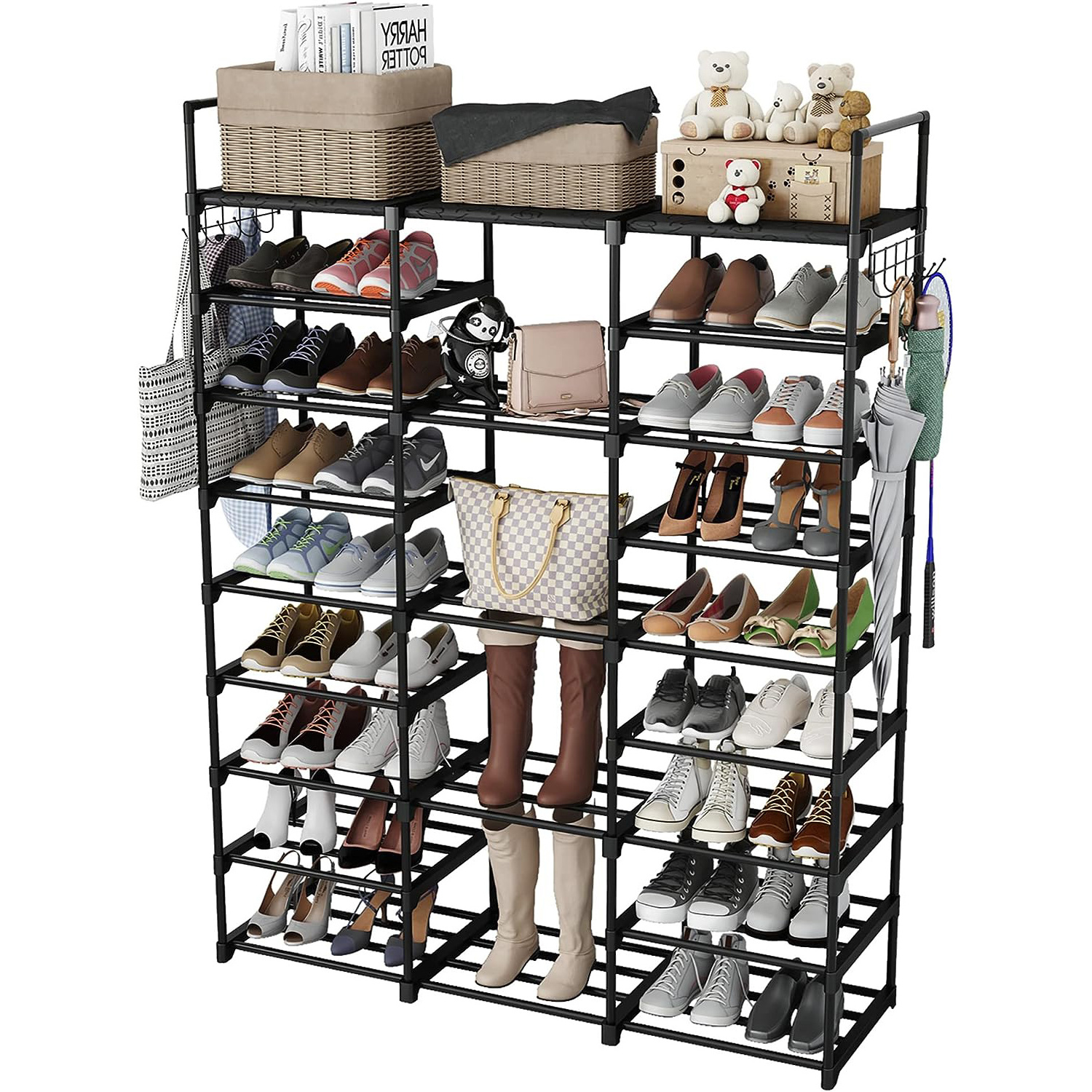 3 Row 9 Tier Tall Shoe Rack Organizer for Closet Entryway Adjustable Shoe Boot Storage Rack shoe Stand for Bedroom Corner