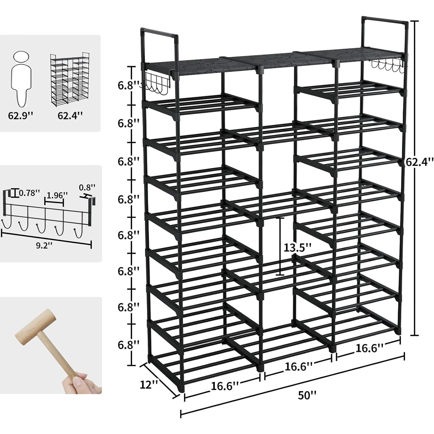 3 Row 9 Tier Tall Shoe Rack Organizer for Closet Entryway Adjustable Shoe Boot Storage Rack shoe Stand for Bedroom Corner