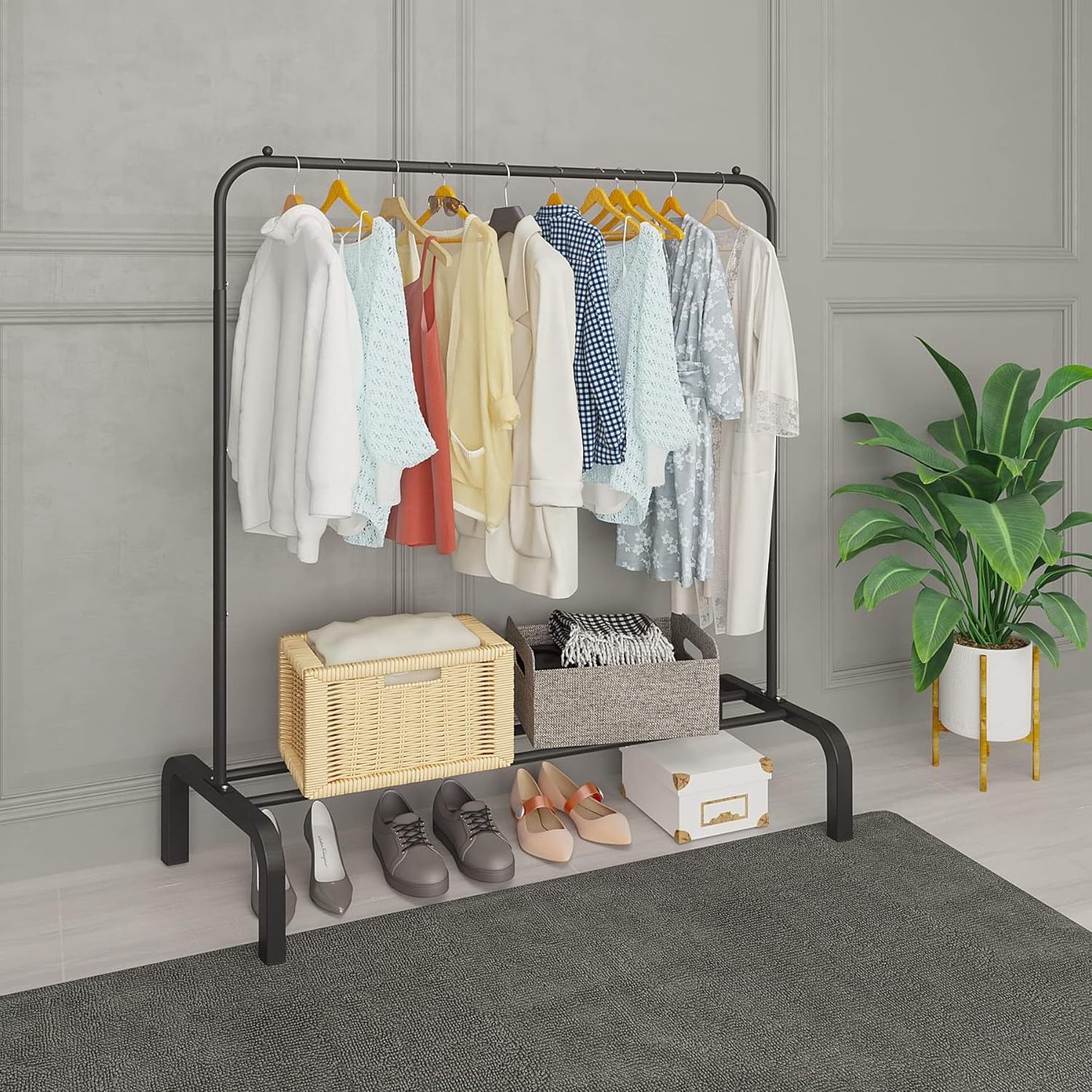 Metal 110 cm Garment Rack with Bottom Shelf Clothing Rack for Hanging Clothes  And Shoes Freestanding Clothes Rack