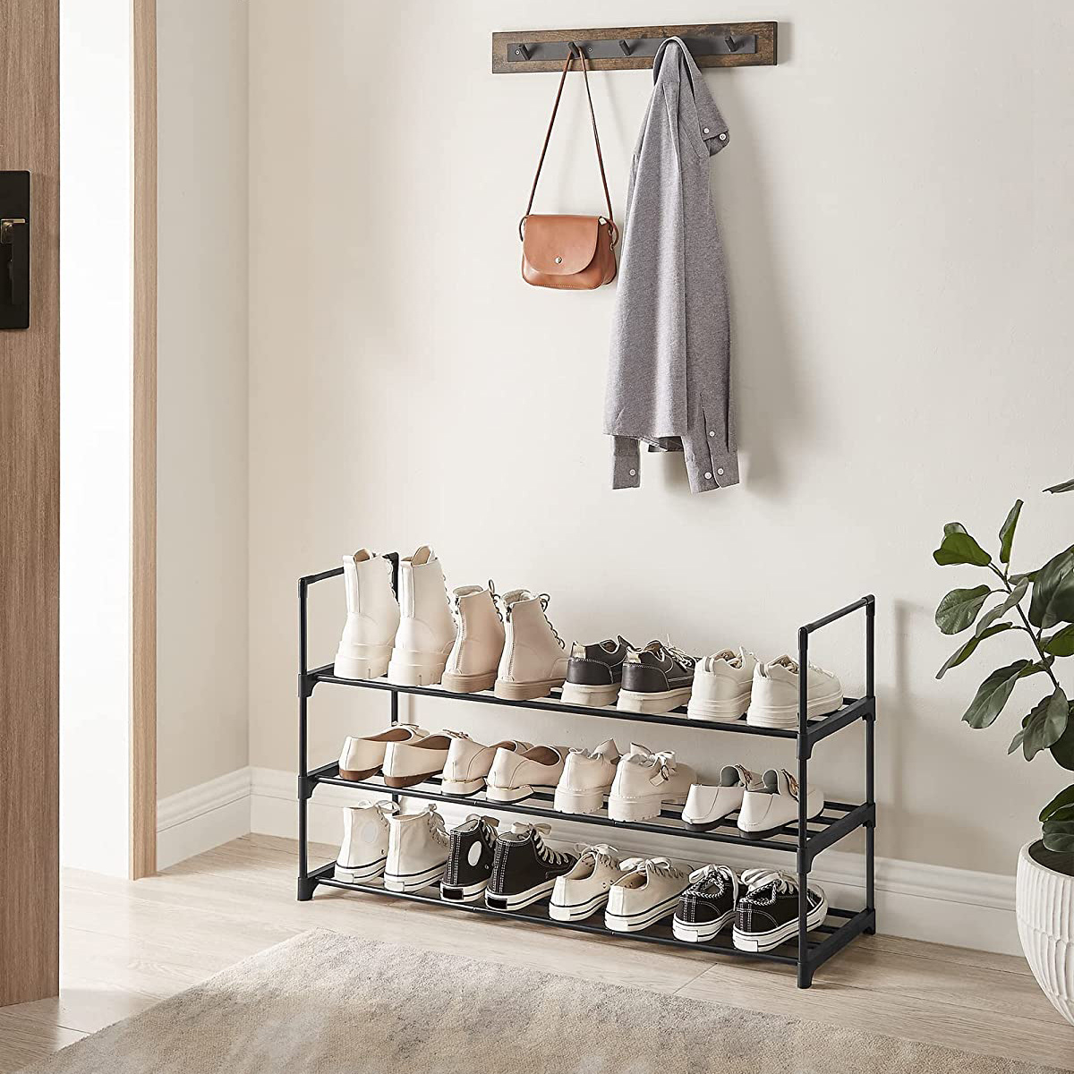 3-Tier Durable Metal Shoe Storage Shelf Easy-to-Assemble Long Rack for Shoes Convenient Living Room or Home Gym Furniture