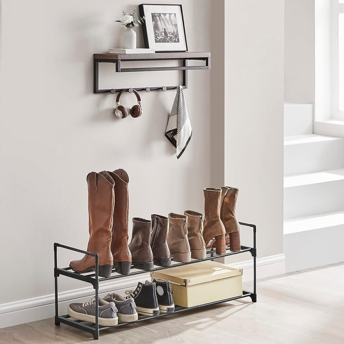 2 Tier Shoe Organizer Rack Metal Shoe Storage Shelf for 10 Pairs of Shoes Easy to Assemble Household Durable Article