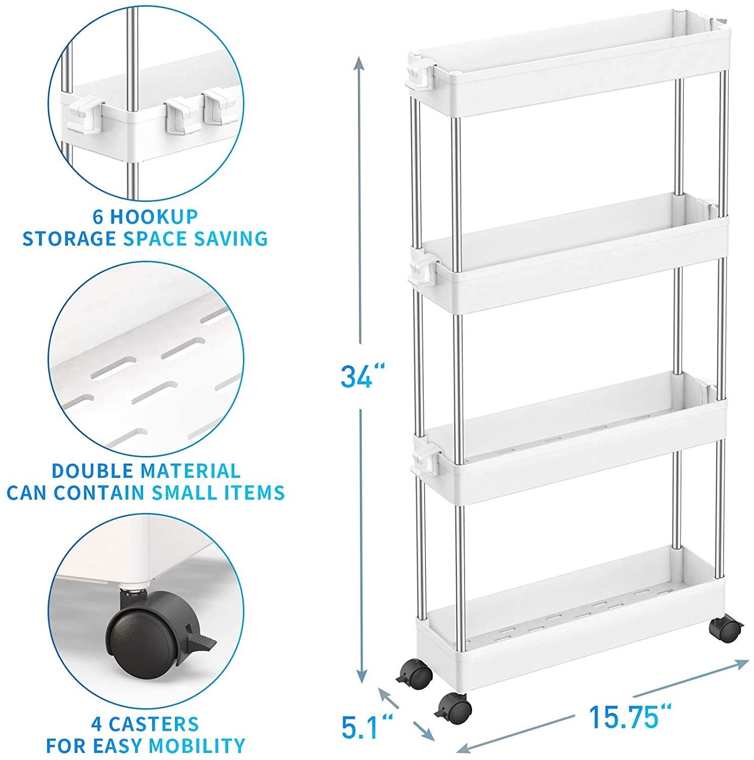 4-layer slim storage trolley mobile shelf unit organizer sliding out storage rolling utility trolley tower for kitchen,bathroom