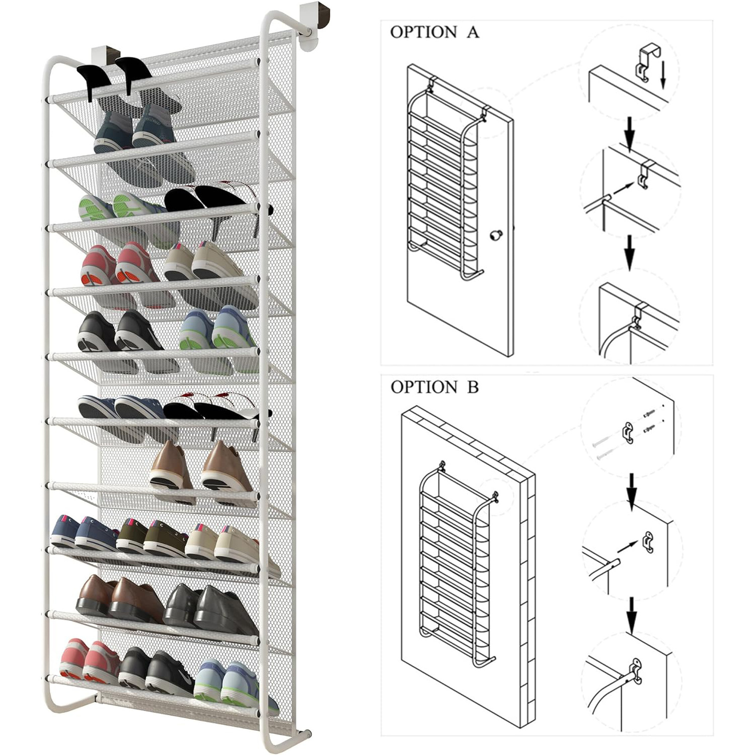 10-Tier White Over-the-Door Shoe Organizer Rack Convertible Metal and Iron Mesh Storage for Living Room or Closet