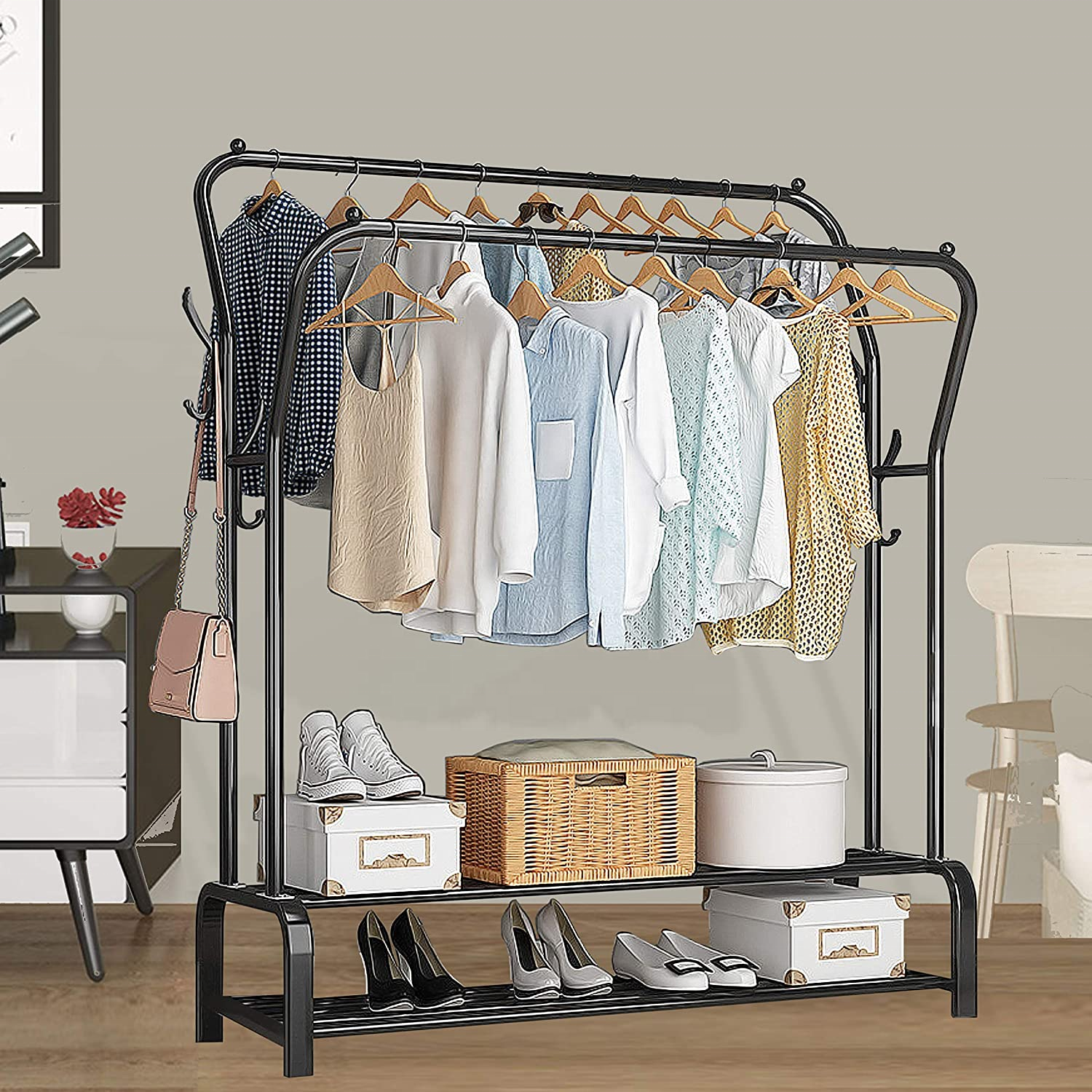 Double Rail Display Garment Rack Easy-to-Operate Rolling Clothes Hanging Rack Steel and Glass Material for Shop Usage