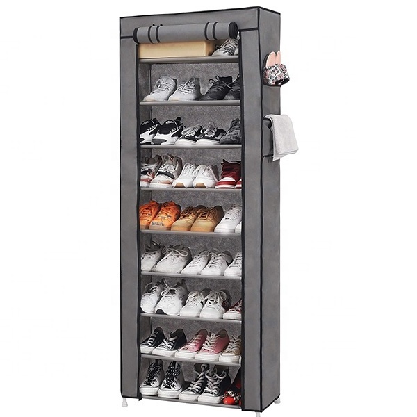 Grey color 9-Shelf Shoe Organizer with Dust Cover - Closet shelf for up to 27 pairs of shoes - Designed for doorways