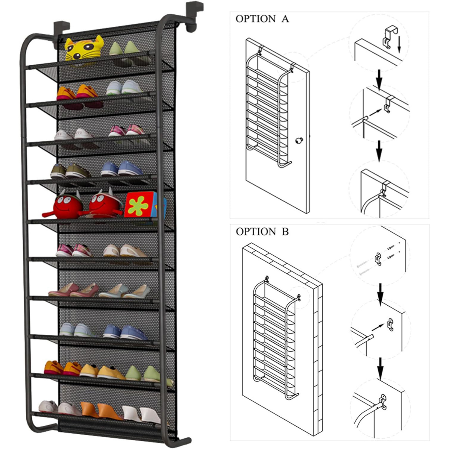 10-Tier Modern Over-The-Door Shoe Organizer with Metal Hooks PP Rack Wall Shoe Shelf for Living Room & Closet Hanging Storage