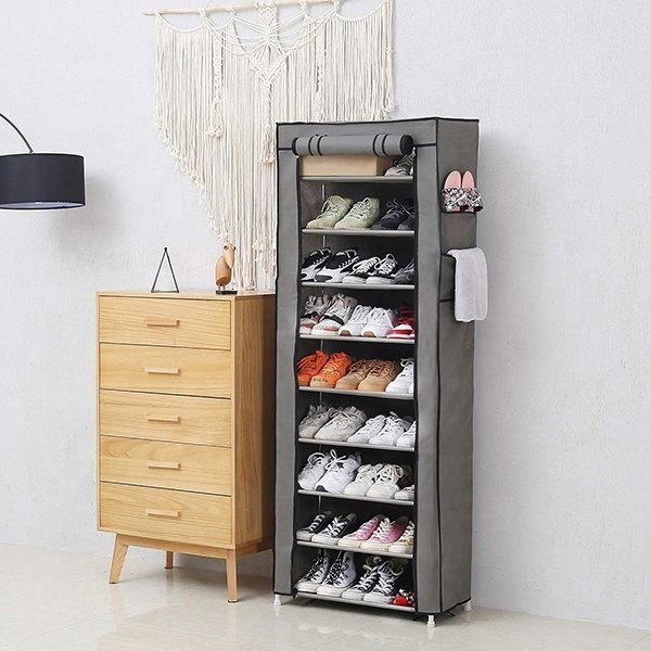 Grey color 9-Shelf Shoe Organizer with Dust Cover - Closet shelf for up to 27 pairs of shoes - Designed for doorways