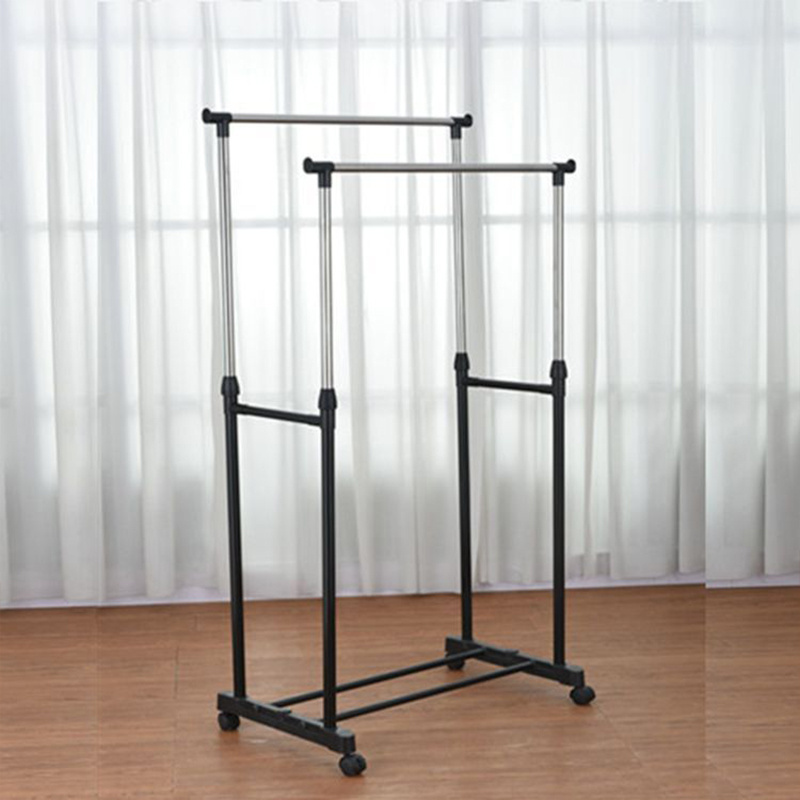 New Updated Double Pole Garment Rack Metal Pipe Rolling Garment Display Rack With Wheels