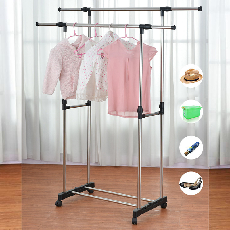 Quality Protection Metal Display Racks Iron Pipe Adjustable Clothes Rolling Garment Rack