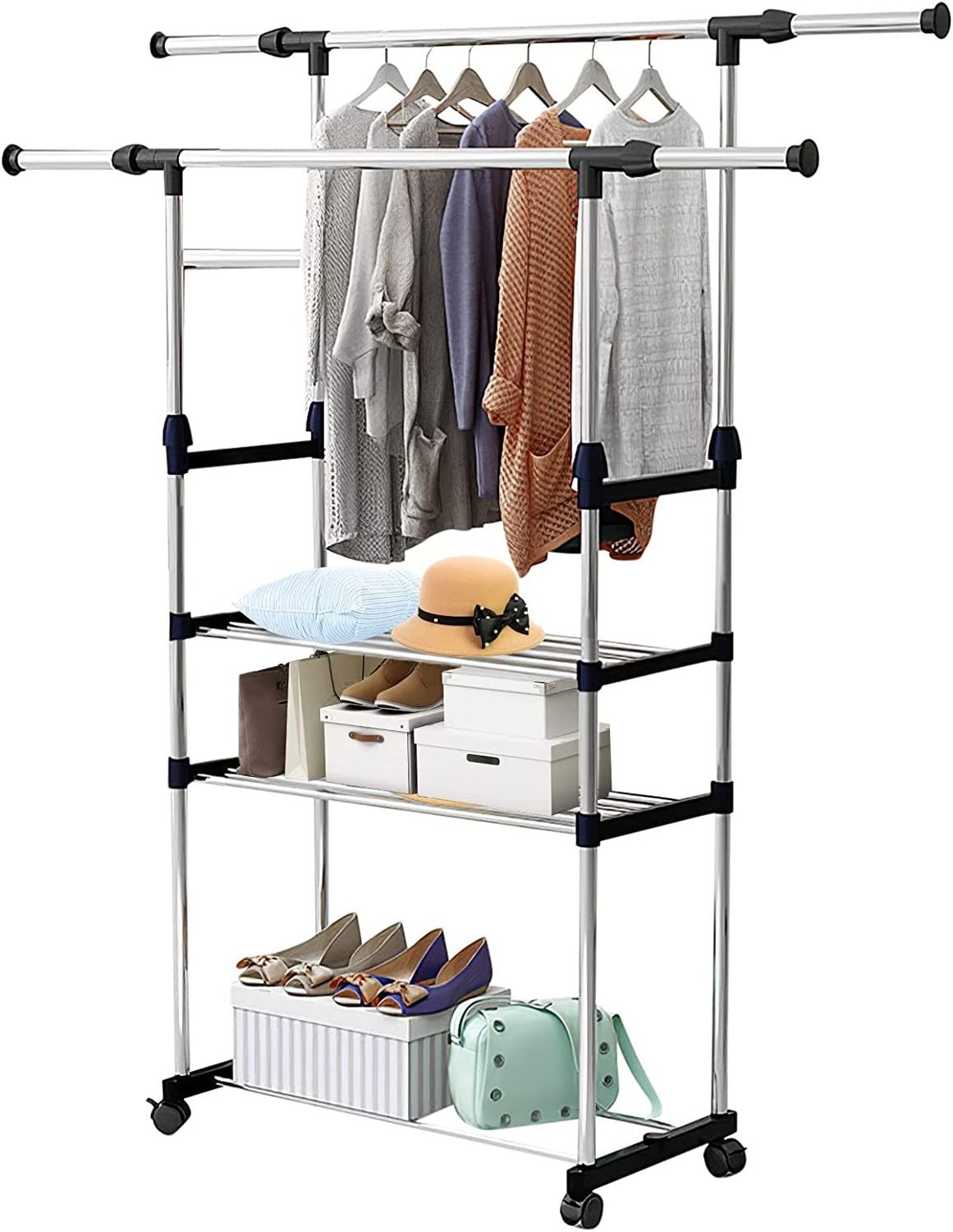 New Trend Product Mobile Clothes Hanger Stand Drying Rack metal rolling wire clothes hanger storage rack