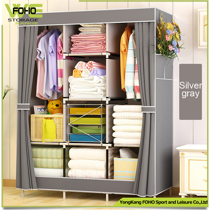 China Supplier Wardrobe Bedroom Furniture Zipper DIY Metal Folding Fabric Wardrobe Closets