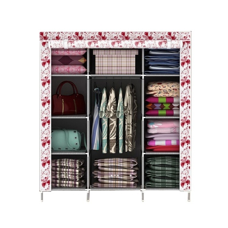 China Supplier Wardrobe Bedroom Furniture Zipper DIY Metal Folding Fabric Wardrobe Closets