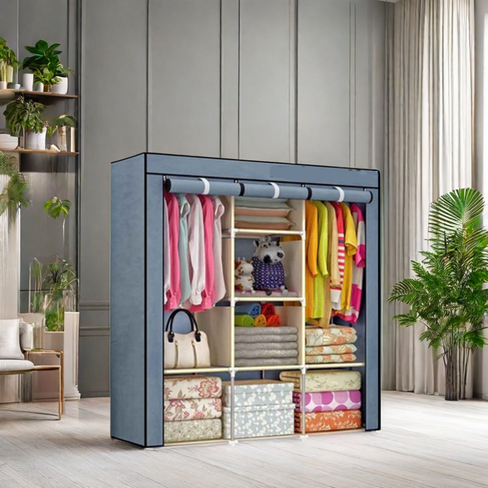 China Supplier Wardrobe Closet Portable Clothes Non-woven Double Rod Storage Fabric Wardrobe