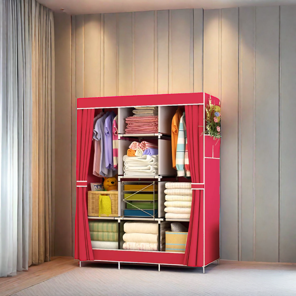 China Supplier Wardrobe Closet Portable Clothes Non-woven Double Rod Storage Fabric Wardrobe