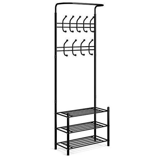 Metal Entryway 18 Hooks Coat And Shoe Rack Standing Hat And Coat Rack Shoe Cabinet