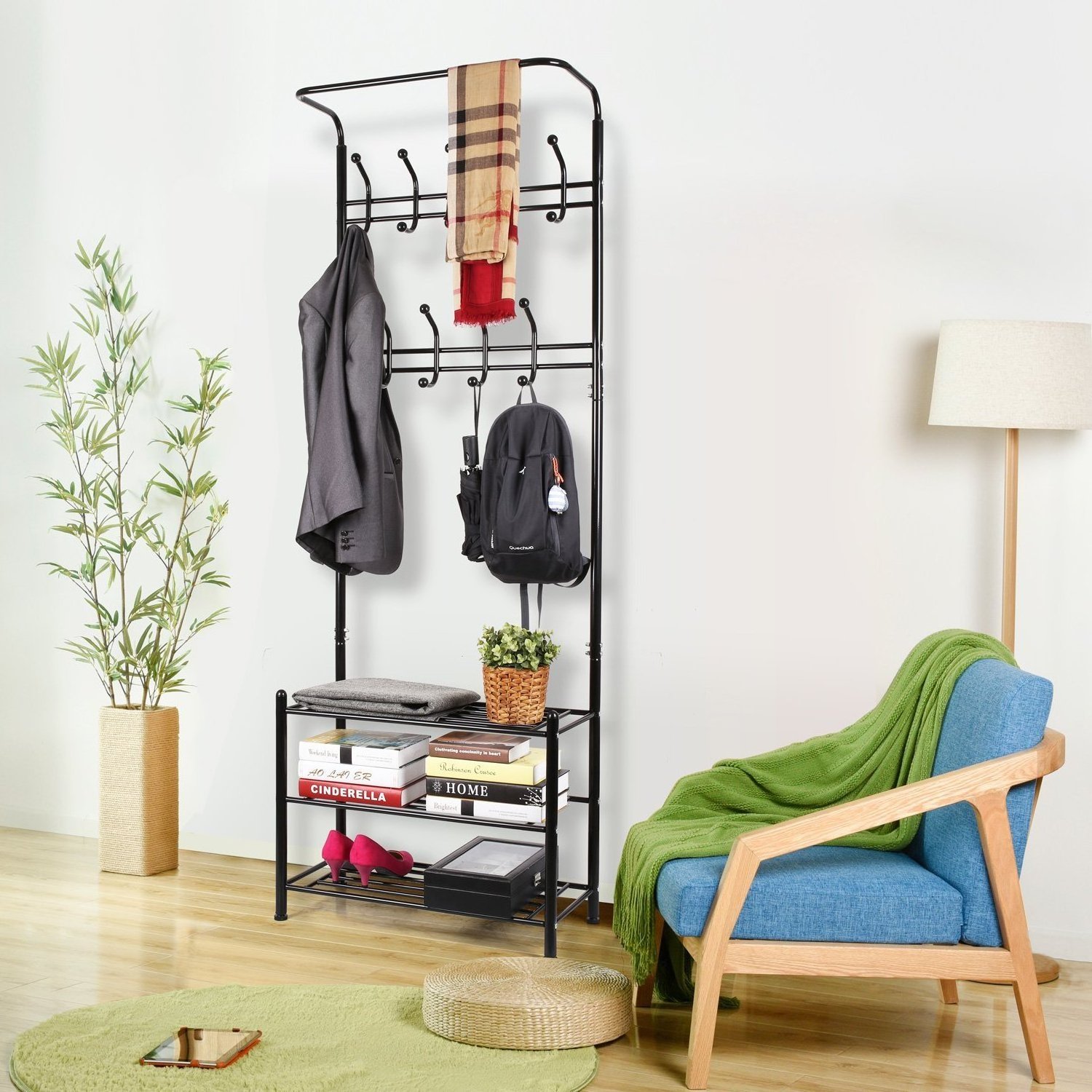 Metal Entryway 18 Hooks Coat And Shoe Rack Standing Hat And Coat Rack Shoe Cabinet