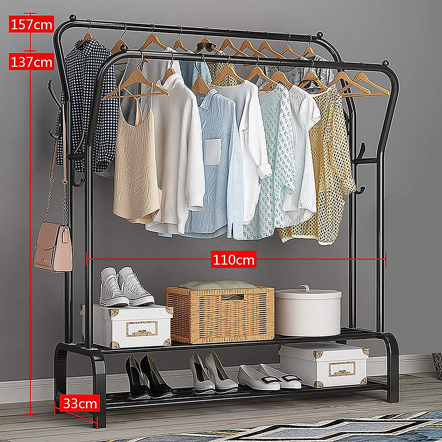 Double Rail Display Garment Rack Easy-to-Operate Rolling Clothes Hanging Rack Steel and Glass Material for Shop Usage