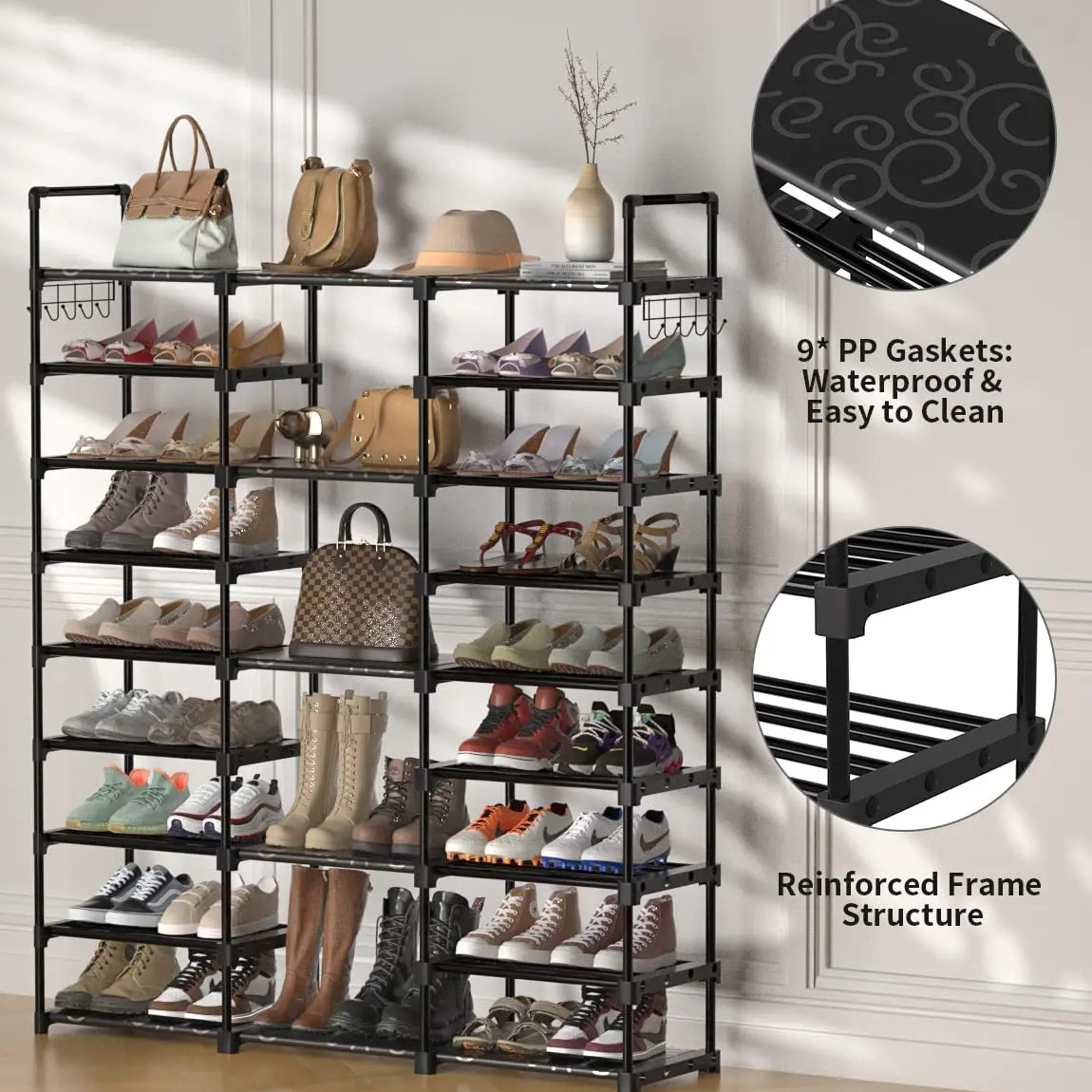 9-Tier Durable Plastic Space-Saving Shoe Rack Foldable Living Room Furniture Organizer for Closet and Corridor