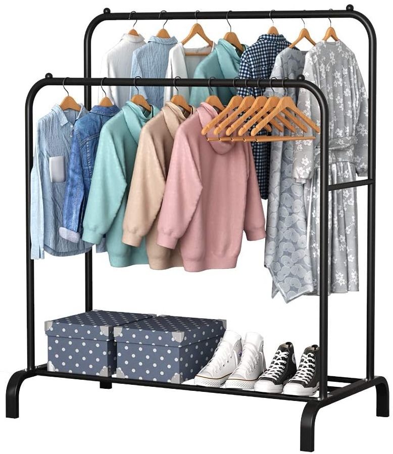 Garment Rack Free Standing Hanger Double Poles Multi-Functional Bedroom Clothing Rack