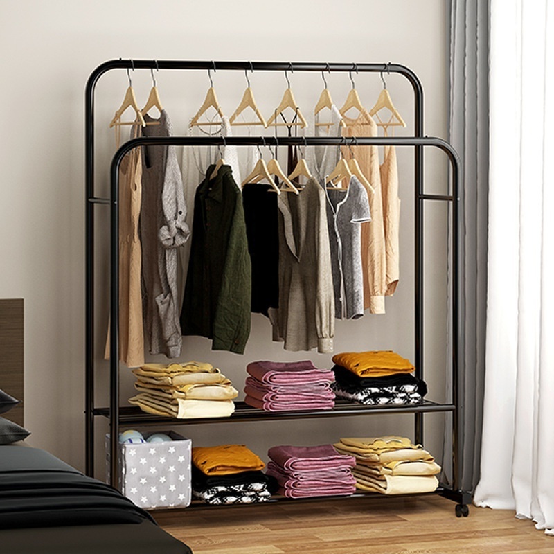 Double Rail Display Garment Rack Easy-to-Operate Rolling Clothes Hanging Rack Steel and Glass Material for Shop Usage