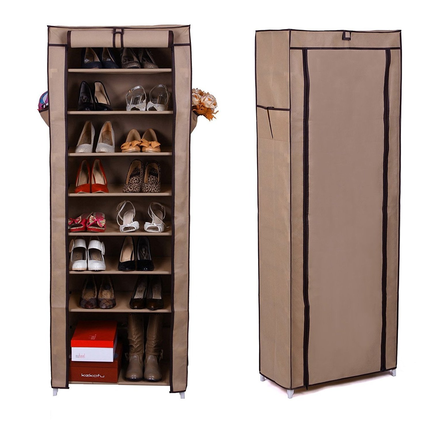 Grey color 9-Shelf Shoe Organizer with Dust Cover - Closet shelf for up to 27 pairs of shoes - Designed for doorways