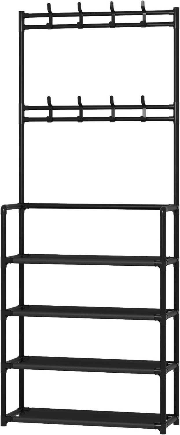 4-Tier Coat and Shoe Rack Entryway Coat Rack Hallway Bench Storage Organizer with 8 Hooks for Living Room