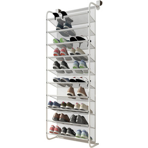 10-Tier White Over-the-Door Shoe Organizer Rack Convertible Metal and Iron Mesh Storage for Living Room or Closet